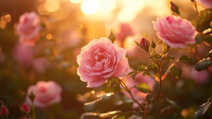 Obraz premium A blooming pink rose garden at dusk, bathed in the warm, golden light of the setting sun.
