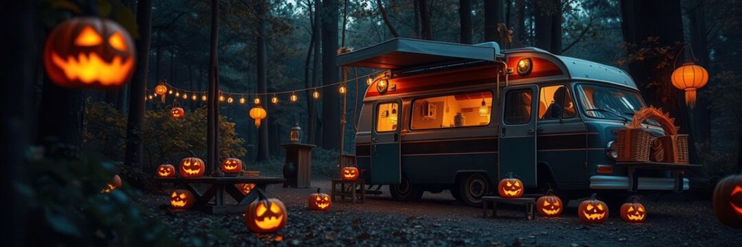 A rustic campervan parked among glowing lanterns in a mysterious forest, decorated with jack-o-lanterns for a spooky autumnal gathering, mysterious, jack-o-lanterns, forest