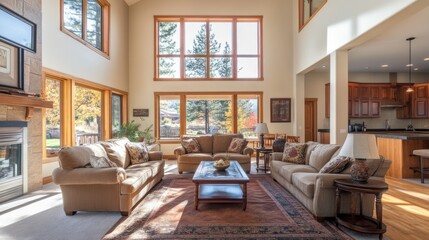 Fototapeta premium Spacious living room layout, featuring ample seating, open space, and large windows that let in plenty of light.