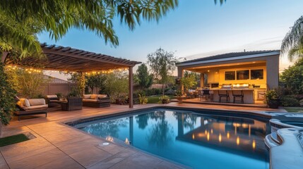 Fototapeta premium Luxurious backyard oasis with swimming pool, outdoor living area, and kitchen at sunset