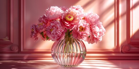 Lush pink peonies in a crystal vase, against a soft blush pink background 