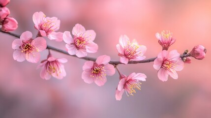 Obraz premium A branch of cherry blossoms in full bloom, with soft pink flowers cascading against a blurred background.