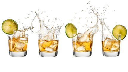Set of glasses shot of tequila making toast with splash on transparent background, isolated on white background