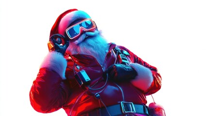 Techno Santa grooving to beats, wearing neon lights on his red suit, creating a fun contrast on the bright white background.