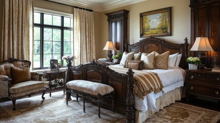 Obraz premium Traditional bedroom design with classic wooden furniture, ornate details, and rich fabrics that evoke a timeless elegance.