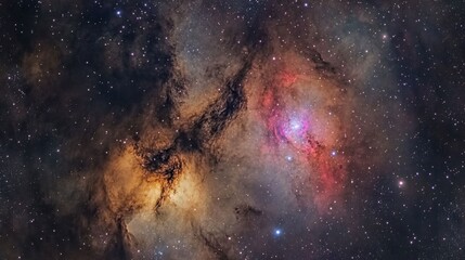 A breathtaking night sky filled with bright stars and colorful nebulae, with the galaxy's core glowing prominently.