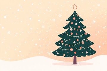 Obraz premium Decorated festive tree with falling snow, beige backdrop.