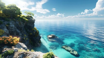 Fototapeta premium A breathtaking view from a high cliff overlooking a crystal-clear ocean on a sunny day.