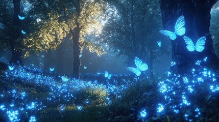Fototapeta premium Enchanted forest with glowing blue butterflies and fireflies