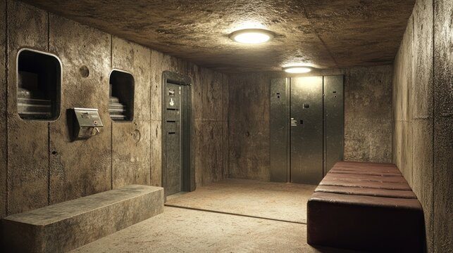 Underground safe room equipped with ventilation, escape hatches, and advanced security systems for discreet and safe shelter.