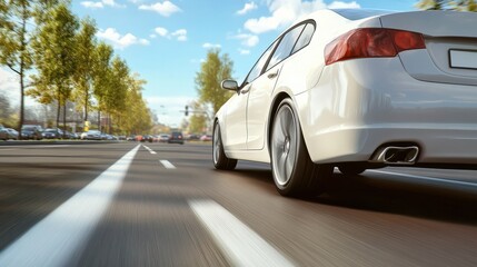 White car speed driving on asphalt road at daytime