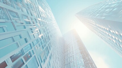 Fototapeta premium Wide angle abstract background view of steel light blue high rise commercial building skyscraper made of glass exterior. concept of successful industrial architecture and office center building