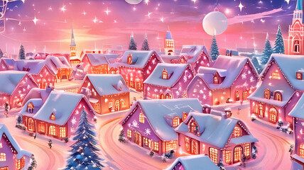 Naklejka premium Christmas Harmony in a Joyful Cartoon Wonderland with Christmas Trees, Cheerful Decorations, and Enchanting Details, Illuminating a Festive Village