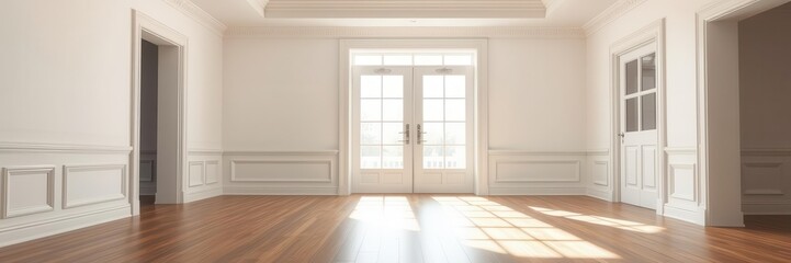 Fototapeta premium Empty white room with gleaming hardwood floors and elegant French doors leading to a sunlit garden, architecture, hardwood floors