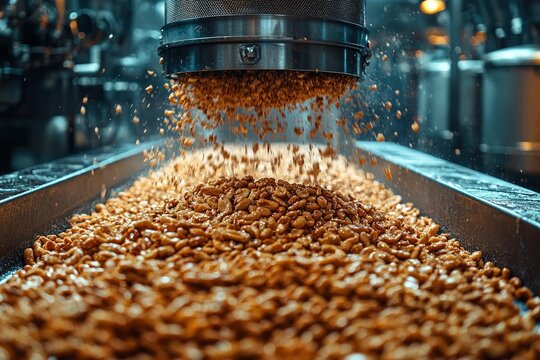 Cashews Pouring From a Sieve onto a Conveyor Belt