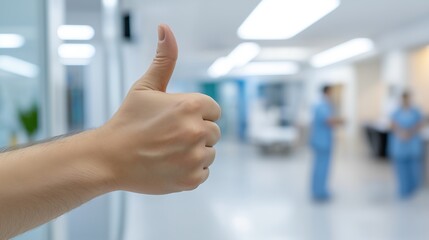 Doctor showing thumbs up sign in hospital corridor