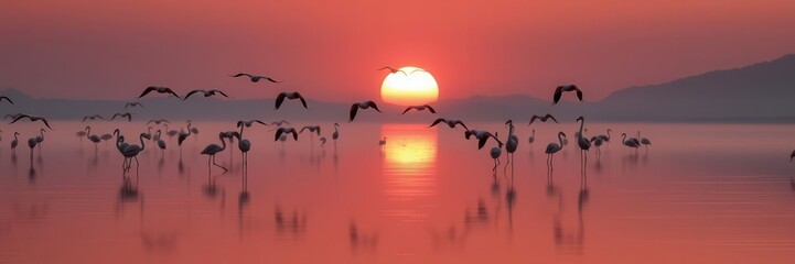 Naklejka premium Pink flamingos standing in the shallow waters of Lake Manyara at dawn, their vibrant feathers reflecting the soft light of the rising sun, dawn, Lake Manyara