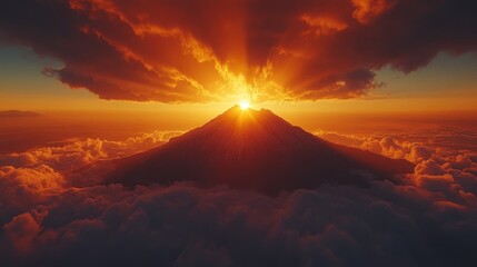 Majestic Volcanic Eruption Illuminated by Vibrant Sunset Over a Mountainous Landscape, Showcasing the Power of Nature with Fiery Lava, Smoky Clouds, and Dramatic Sunset Lighting.