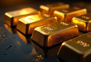 Rows of gleaming gold bars arranged diagonally with visible 999 markings, photographed in dramatic lighting that creates rich golden reflections against a dark background