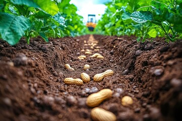 Peanut Seeds Planted in a Row in a Field