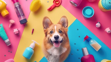 Vibrant Pet Supply Sale Banner Featuring Grooming Products and Yorkshire Terrier