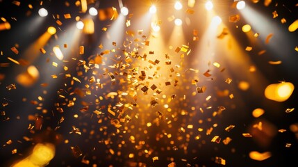 Sparkling golden confetti explosion on a dark background