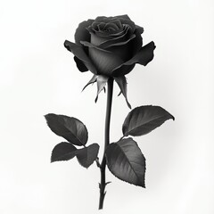 Elegant black rose with leaves on a plain background