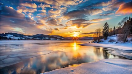 Winter sunset over a frozen lake with snow-covered hills in the background, winter sports, snowy landscape, peaceful atmosphere, golden light