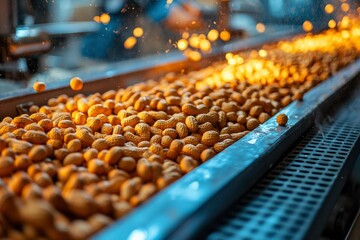 Close-up of Peanuts Moving Along a Conveyor Belt in a Processing Plant