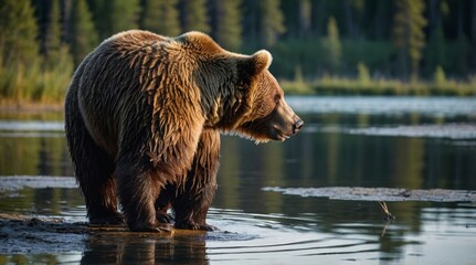 Obraz premium a brown bear admiring it's reflection on the banks of a still lake
