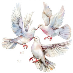 Fototapeta premium Flying white dove birds watercolor illustration. Symbol of peace. white Pigeon isolated on white background. Decorative design elements