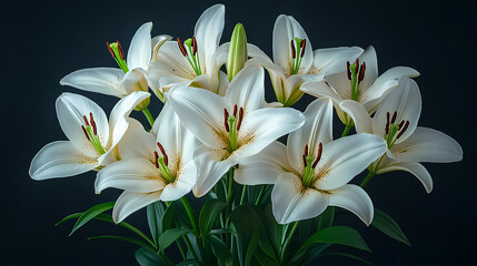 Naklejka premium .A graceful bouquet of fresh lilies in soft white and pink tones, with long, elegant stems and lush green leaves.