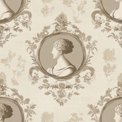 Vintage Neoclassical cameo pattern on vintage beige fabric background, seamless repeating pattern, textile print style, minimal, Neoclassical design, seamless cameo pattern, home decor, textiles