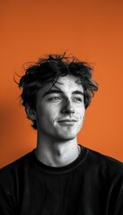 Playful Young Man Against Vibrant Orange Background - Fun Portrait for Design and Posters