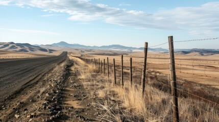 Obraz premium A Barbed Wire Fence Lines a Dirt Road in a Dry, Open Landscape