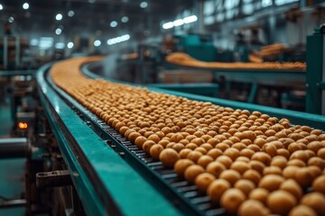 Obraz premium Close-up of a Conveyor Belt Carrying Potatoes in a Processing Facility