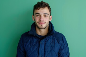 Fototapeta premium Casual Portrait of a Young Man in Navy Jacket Against Green Backdrop for Marketing and Design