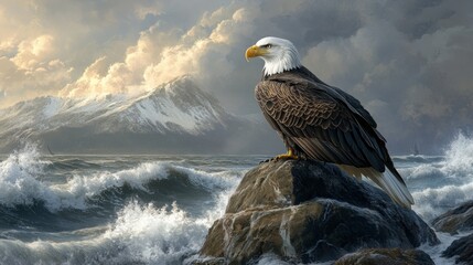 Fototapeta premium A bald eagle resting on a rock by the coastline, with waves crashing in the background.