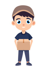 A cheerful delivery boy in a cap and uniform, holding a package. The character symbolizes reliability, service, and friendliness, perfect for courier or delivery themes.