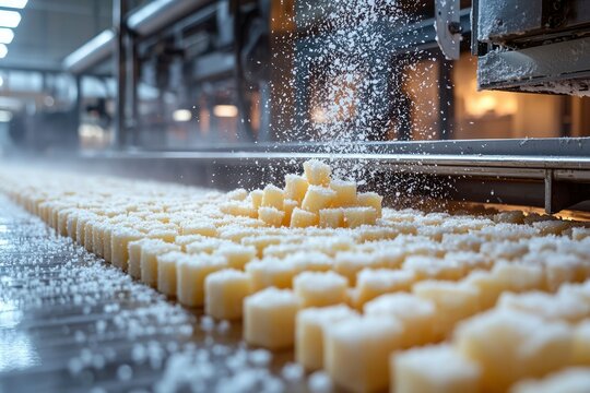 Sugar-Coated Candy Squares Moving Along a Conveyor Belt in a Food Factory
