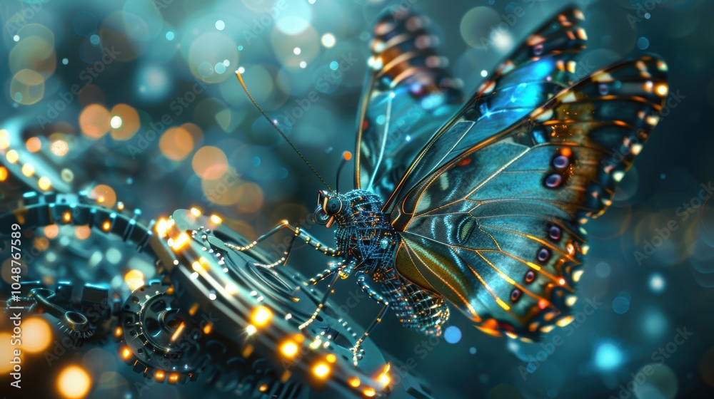 Wall mural futuristic butterfly with gears and circuits in a digital landscape for tech innovation design