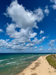Ludington State Park Michigan America, Lake Michigan aerial view coastline landscape shoreline with sand dunes and waves