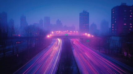 Fototapeta premium A misty urban highway with streaks of light from speeding cars.