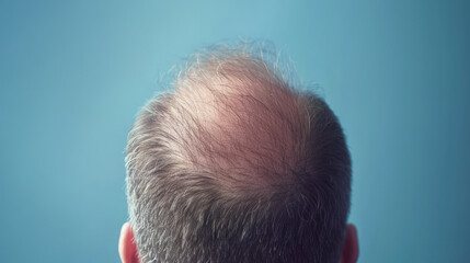 Obraz premium Close-up view of a bald spot on a man's head, showing thinning hair and scalp against a blue background. Illustrating hair loss, aging, or men's health topics.