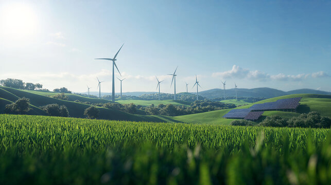 Paesaggio di colline ed erba verde con turbine eoliche e pannelli solari per energia sostenibile