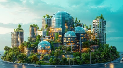 Fototapeta premium Futuristic city with green buildings and domes, surrounded by lush greenery.