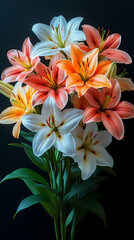 Obraz premium .A graceful bouquet of fresh lilies in soft white and pink tones, with long, elegant stems and lush green leaves.