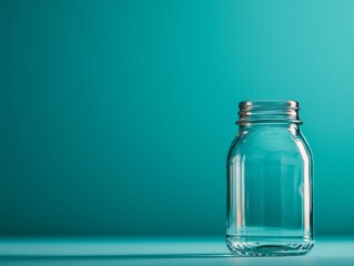 A clear glass jar on a teal background, casting a shadow. Perfect for concepts of minimalism, storage, or eco-friendly lifestyle.