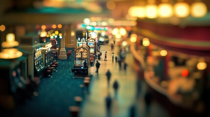 Obraz premium Vibrant casino interior with crowds of people, neon lights, and slot machines