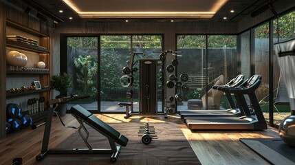Fototapeta premium Modern Home Gym with Treadmills, Weight Machine, and Bench
